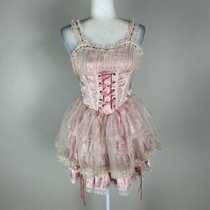 kawaii pink cat Lolita dress dollette Lolita dress Corset Renaissance Bow Lace